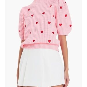 English Factory Heart Embroidered Puff Sleeve Sweater